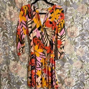 LOFT TROPICAL PALM PRINT HENLEY FLOUNCE SHIRT DRESS